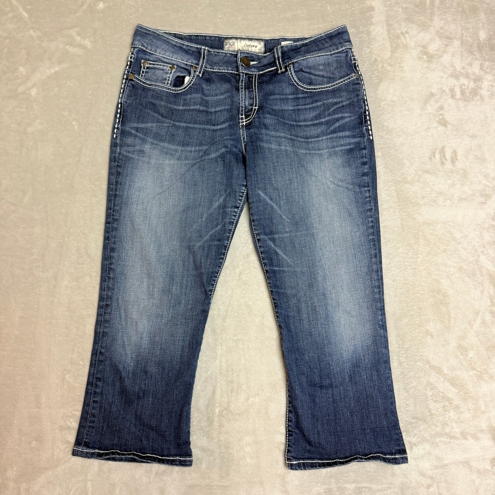 BKE Culture Crop Jeans Womens 32 Blue Contrast Stitch Stretch Curvy Y2K Boho